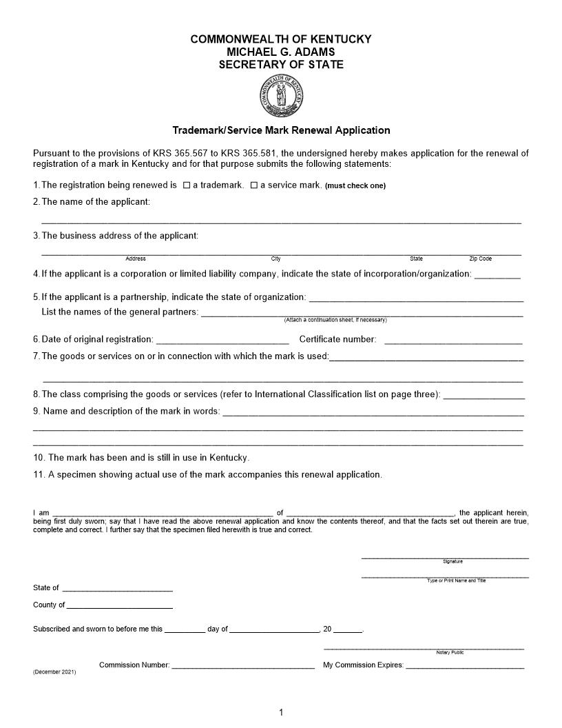 Trademark Or Service Mark Renewal Application | Pdf Fpdf Doc Docx | Kentucky