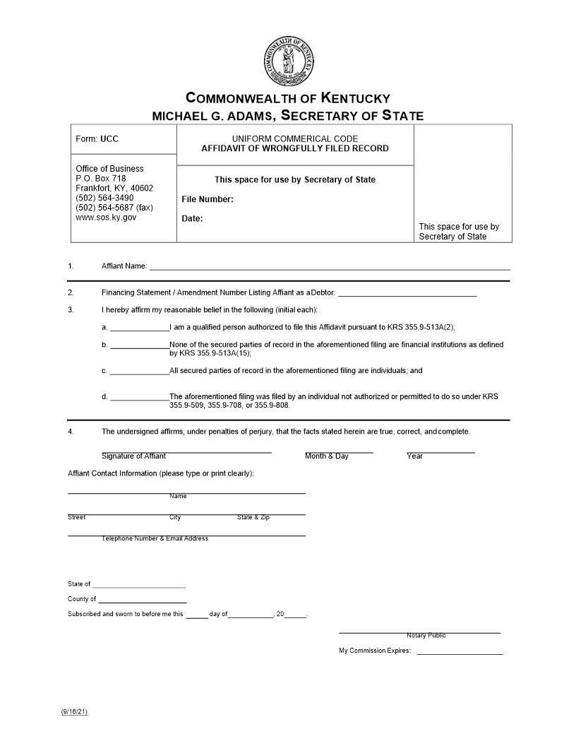 Affidavit Of Wrongfully Filed Record | Pdf Fpdf Docx | Kentucky