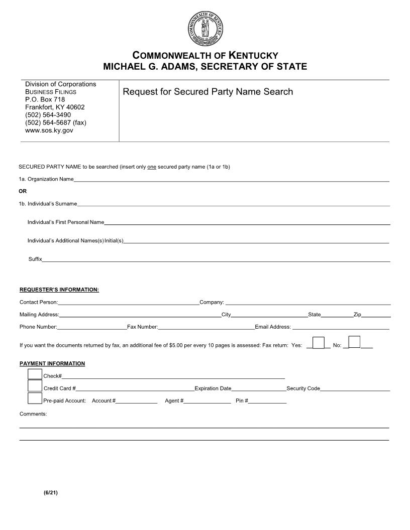 Request For Secured Party Name Search | Pdf Fpdf Docx | Kentucky
