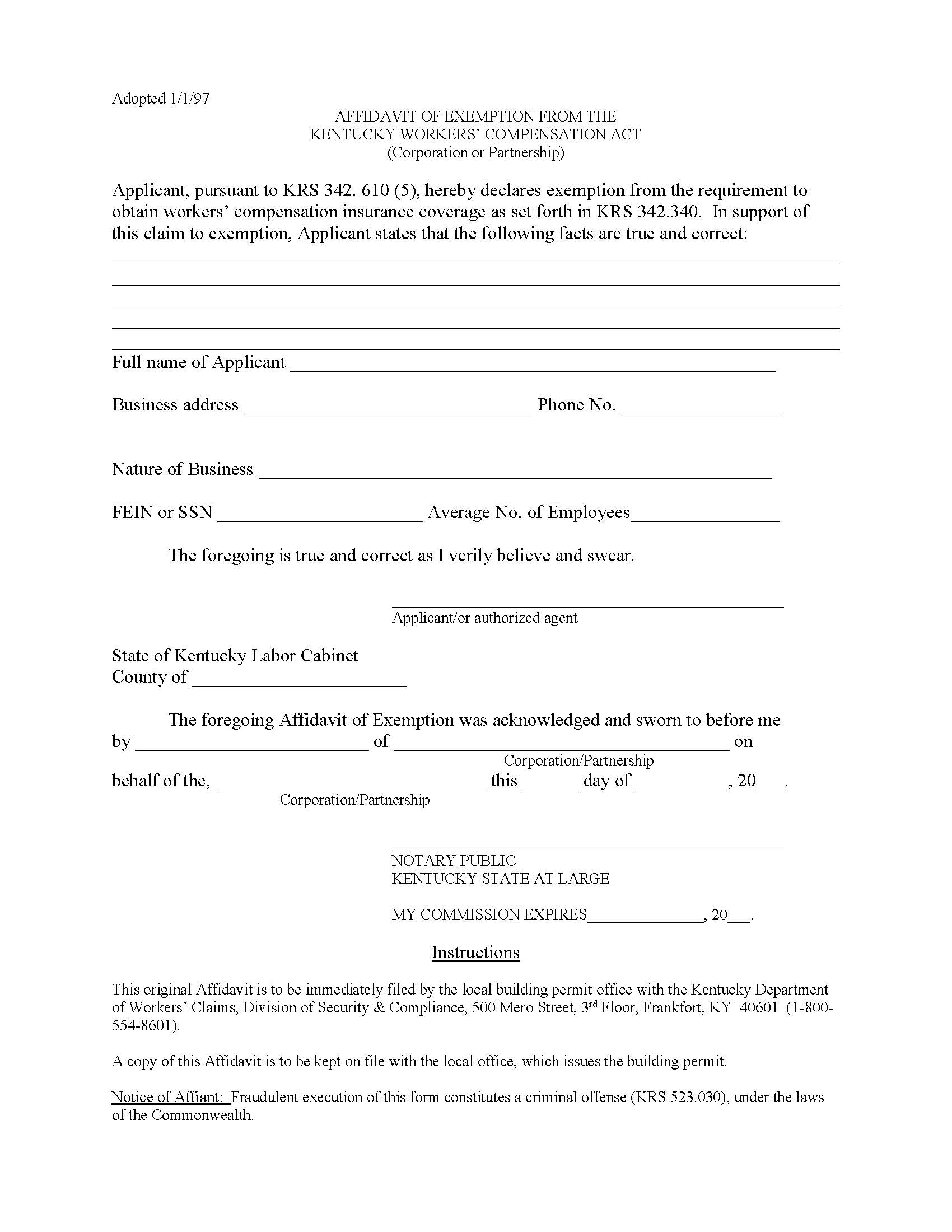 Affidavit Of Exemption From Kentucky Workers Compensation Act Corp | Pdf Fpdf Doc Docx | Kentucky