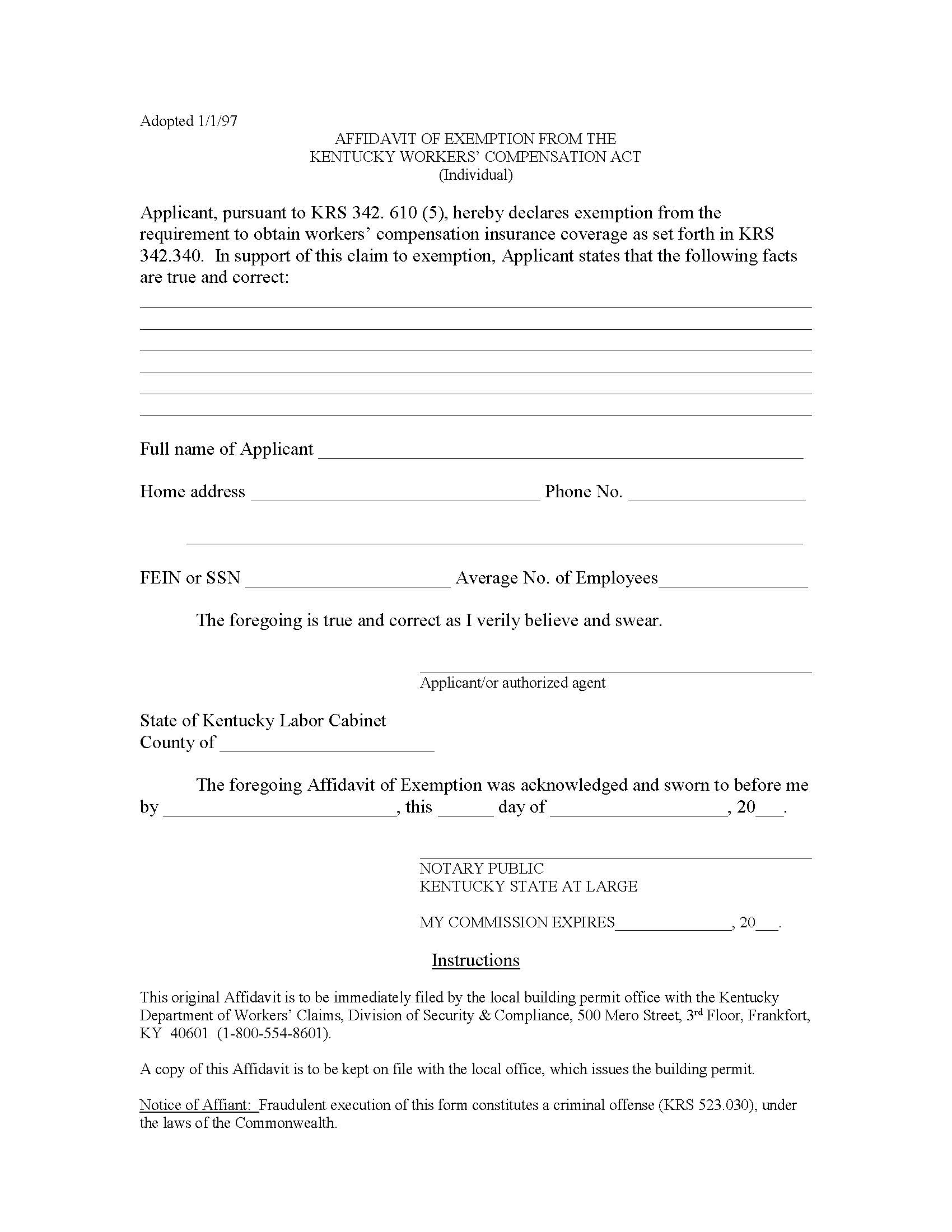 Affidavit Of Exemption From Kentucky Workers Compensation Act Individual | Pdf Fpdf Doc Docx | Kentucky