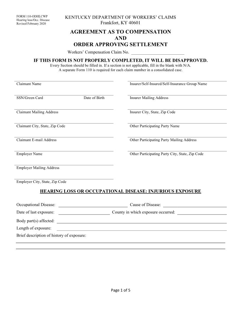 Agreement As To Compensation And Order Approving Settlement {110} | Pdf Fpdf Doc Docx | Kentucky