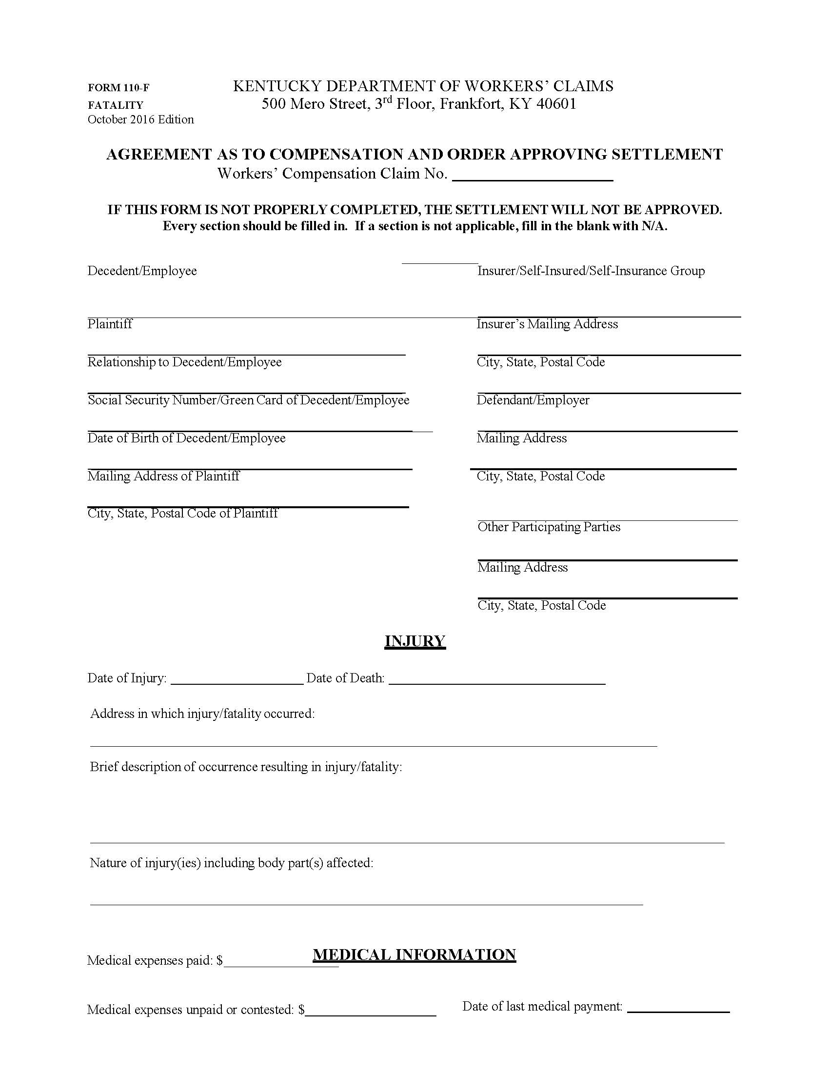 Agreement As To Compensation And Order Approving Settlement Fatality {110-F} | Pdf Fpdf Doc Docx | Kentucky