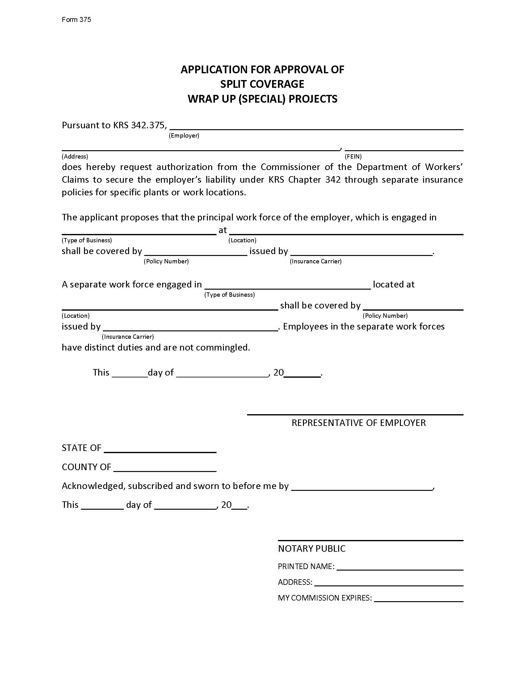 Application For Approval Of Split Coverage Wrap Up {375} | Pdf Fpdf Doc Docx | Kentucky