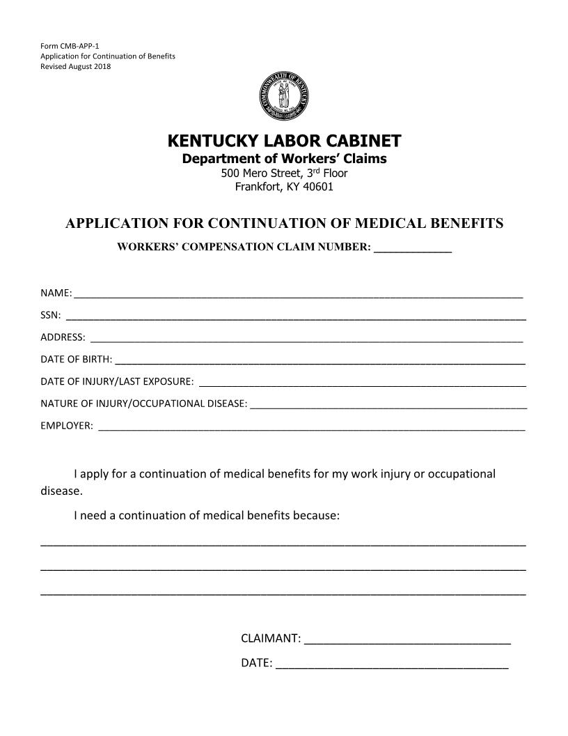 Application For Continuation Of Medical Benefits | Pdf Fpdf Docx | Kentucky