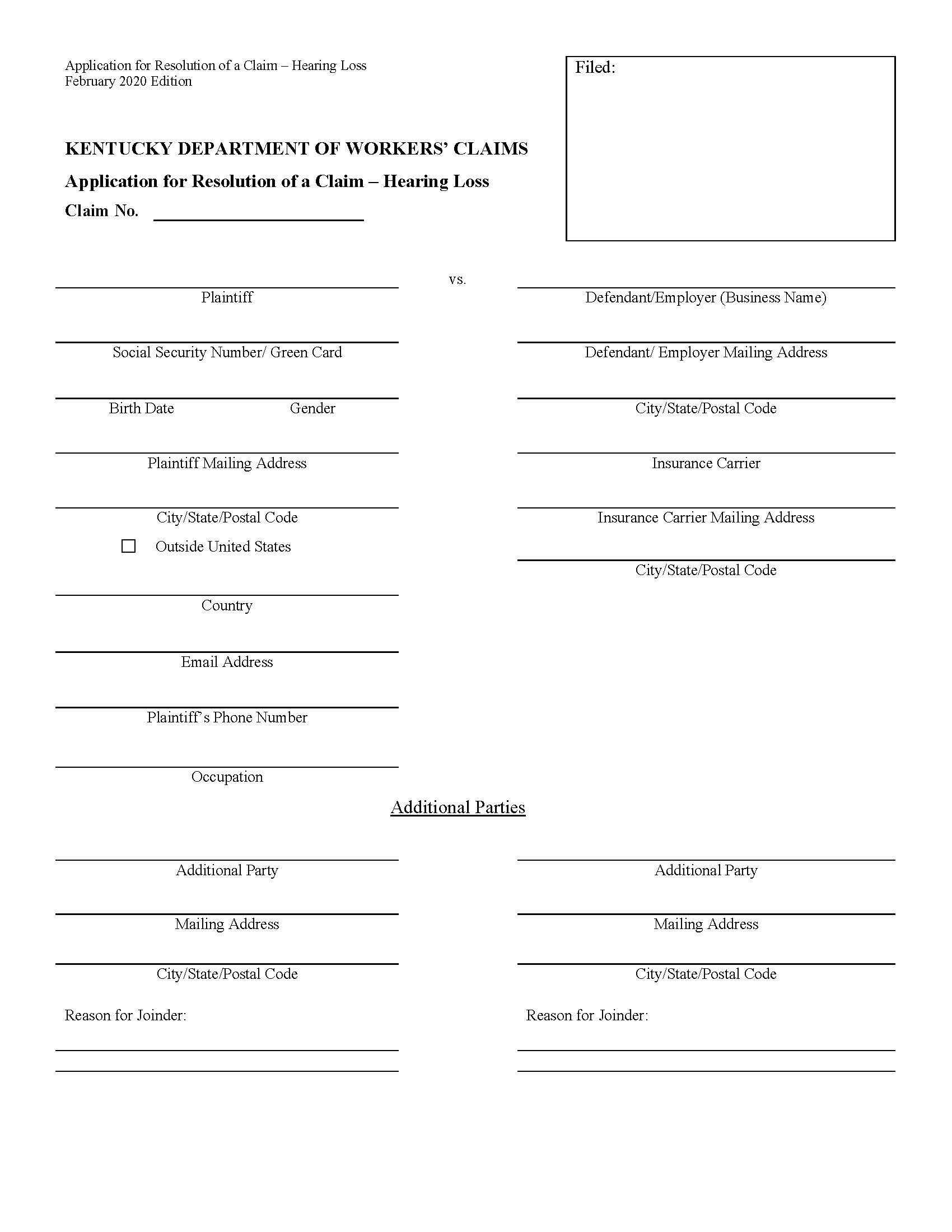 Application For Resolution Of A Claim Hearing Loss {103} | Pdf Fpdf Doc Docx | Kentucky