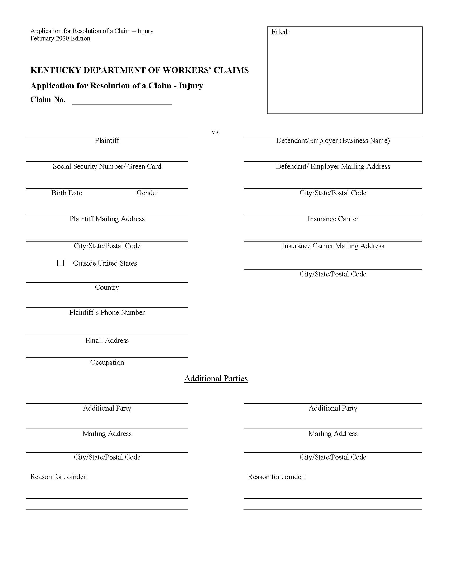 Application For Resolution Of A Claim Injury {101} | Pdf Fpdf Doc Docx | Kentucky