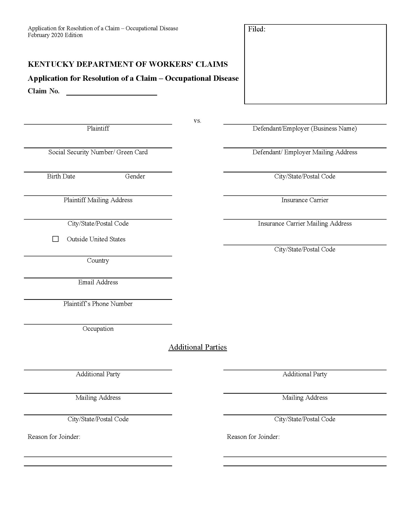 Application For Resolution Of A Claim Occupational Disease {102D} | Pdf Fpdf Doc Docx | Kentucky