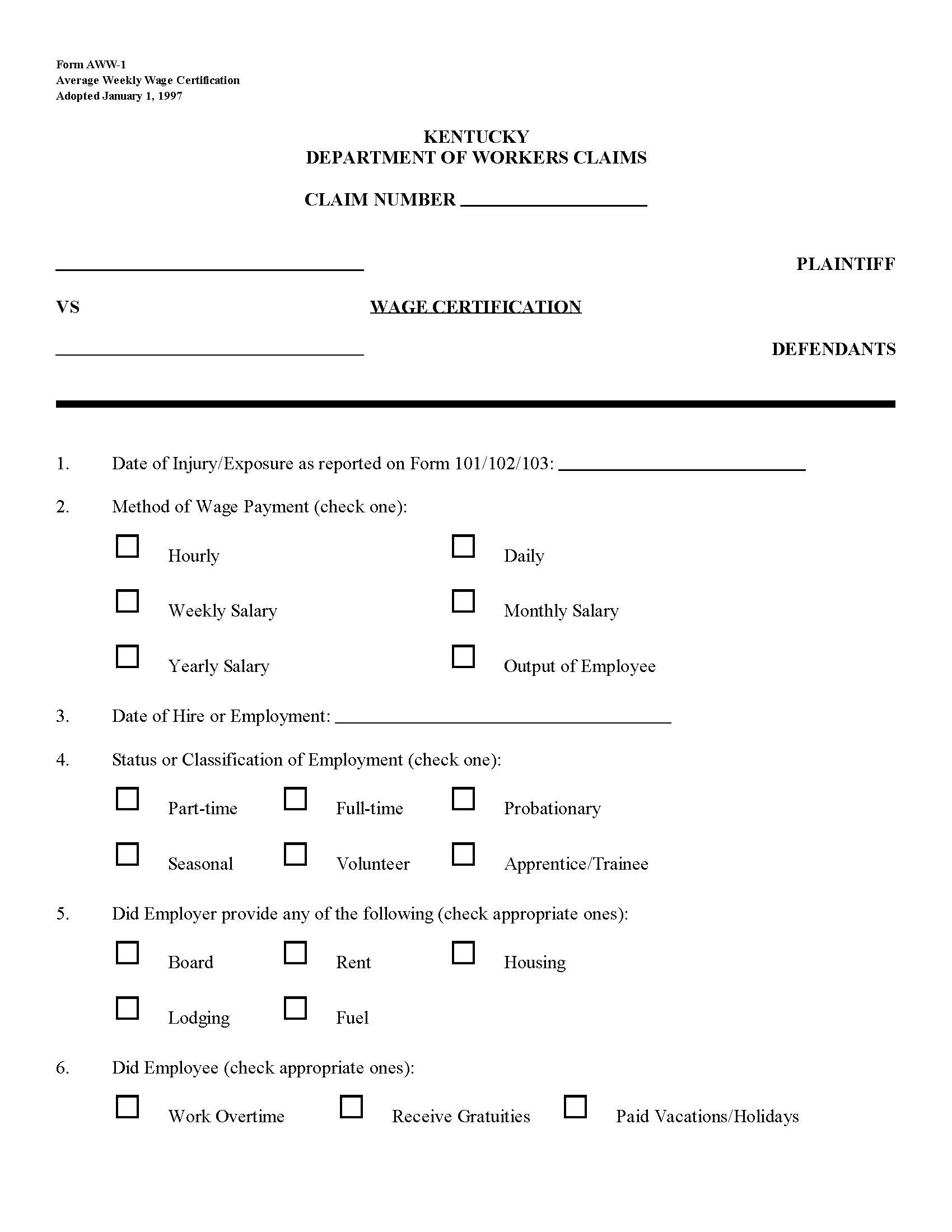 Average Weekly Wage Certification {AWW-1} | Pdf Fpdf Docx | Kentucky