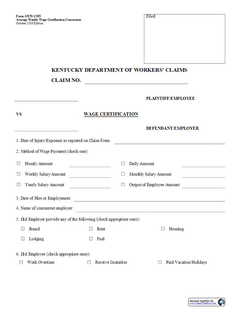 Average Weekly Wage Certification - Concurrent {AWW-CON} | Pdf Fpdf Docx | Kentucky