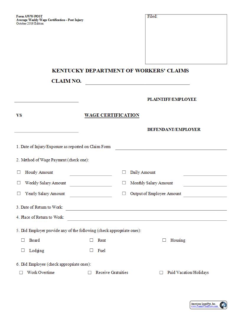 Average Weekly Wage Certification - Post Injury {AWW-POST} | Pdf Fpdf Docx | Kentucky