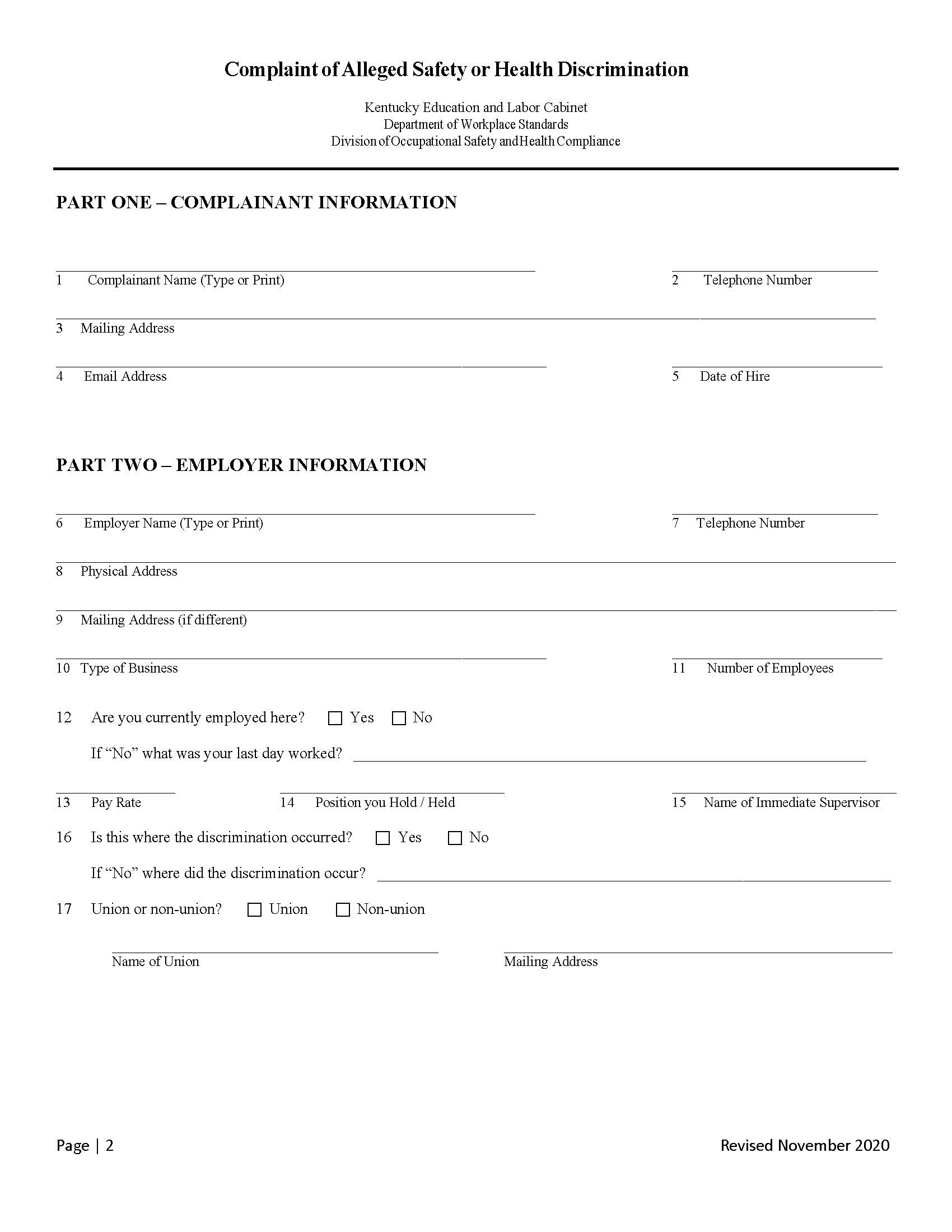 Complaint Of Alleged Safety Or Health Discrimination | Pdf Fpdf Docx | Kentucky