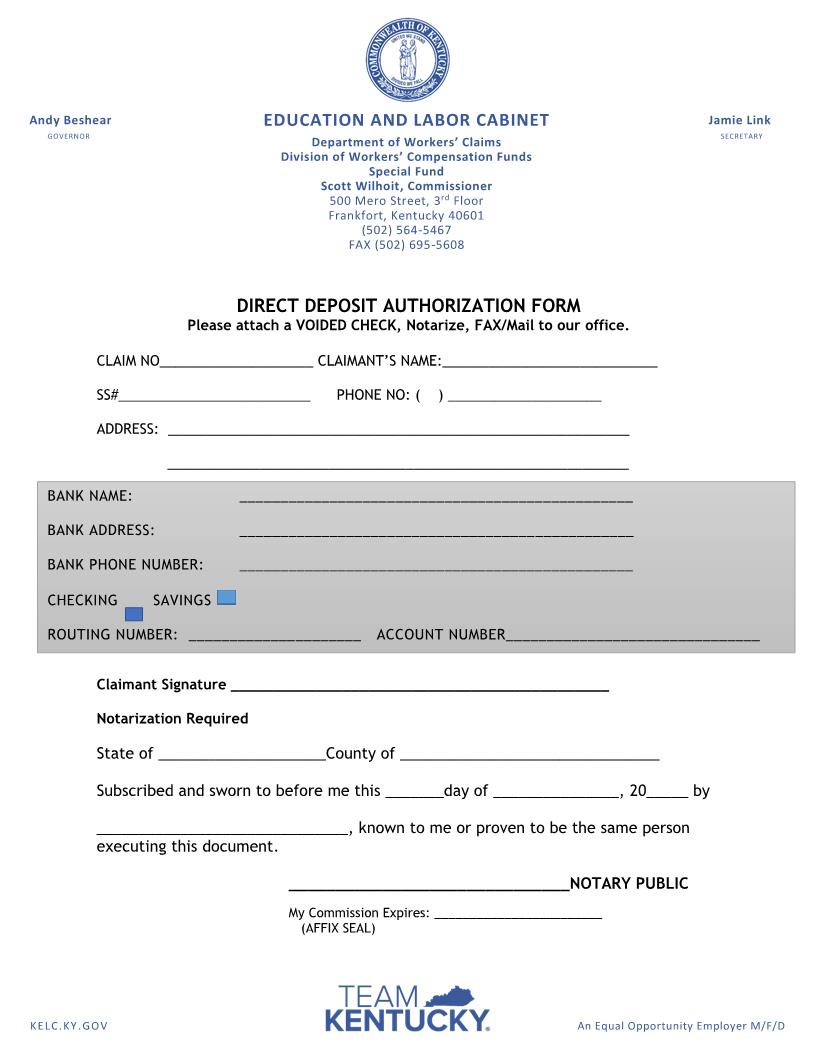 Direct Deposit Authorization Form | Pdf Fpdf Docx | Kentucky