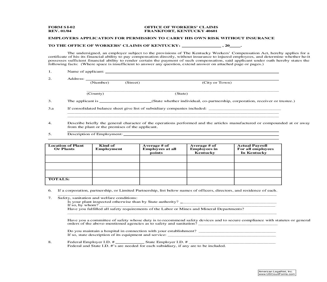 Employers Application For Permission To Carry His Own Risk Without Insurance {SI-02} | Pdf Fpdf Doc Docx | Kentucky