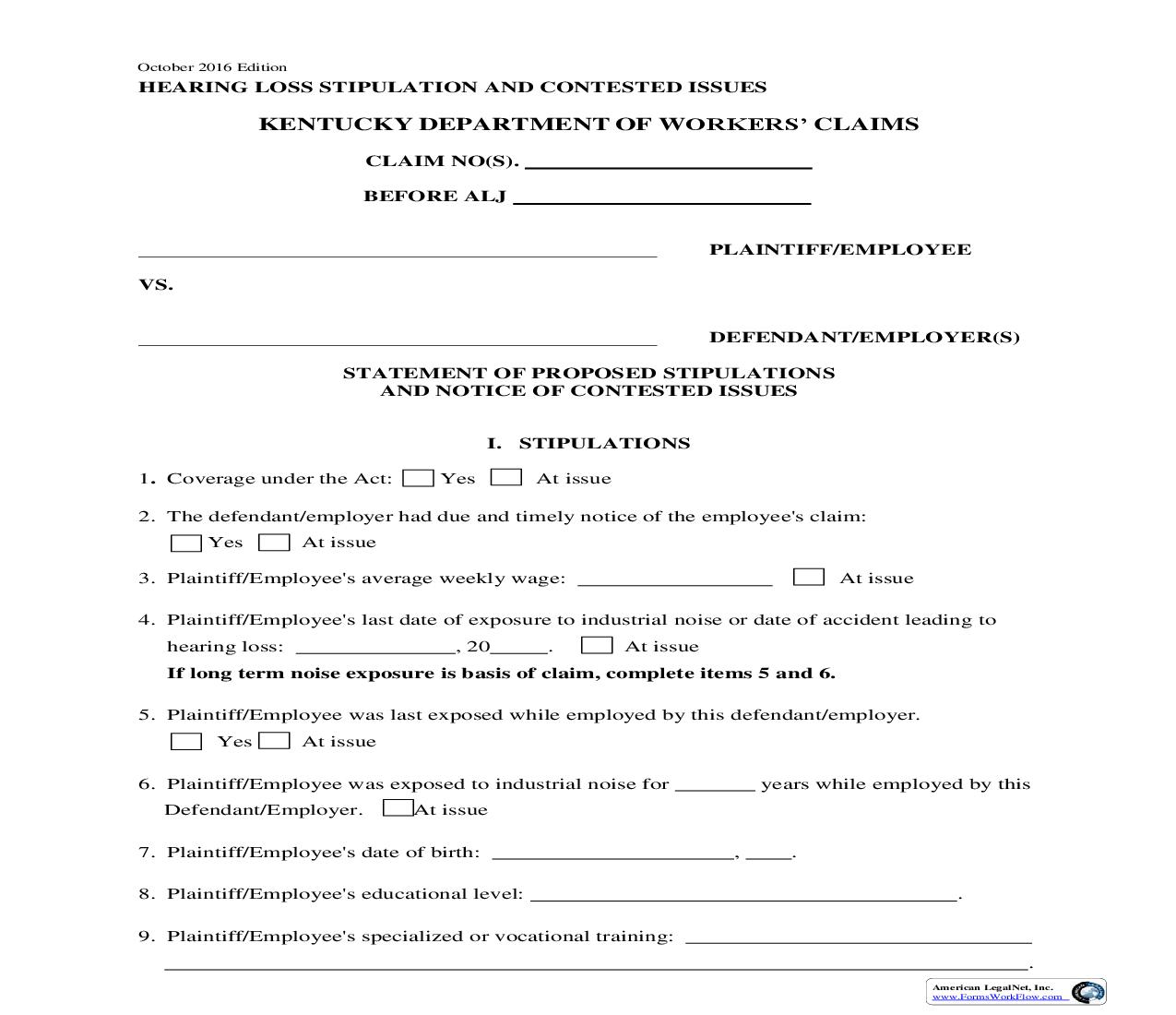 Hearing Loss Stipulation And Contested Issues {SHL} | Pdf Fpdf Doc Docx | Kentucky