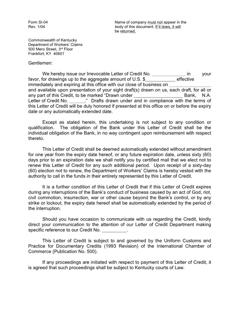 Letter Of Credit {SI-04} | Pdf Fpdf Doc Docx | Kentucky