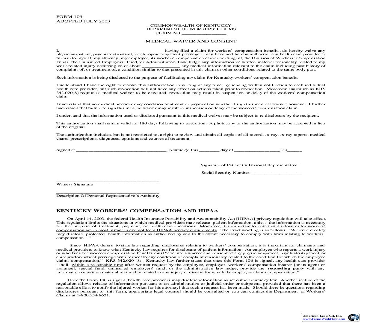 Medical Waiver And Consent {106} | Pdf Fpdf Doc Docx | Kentucky