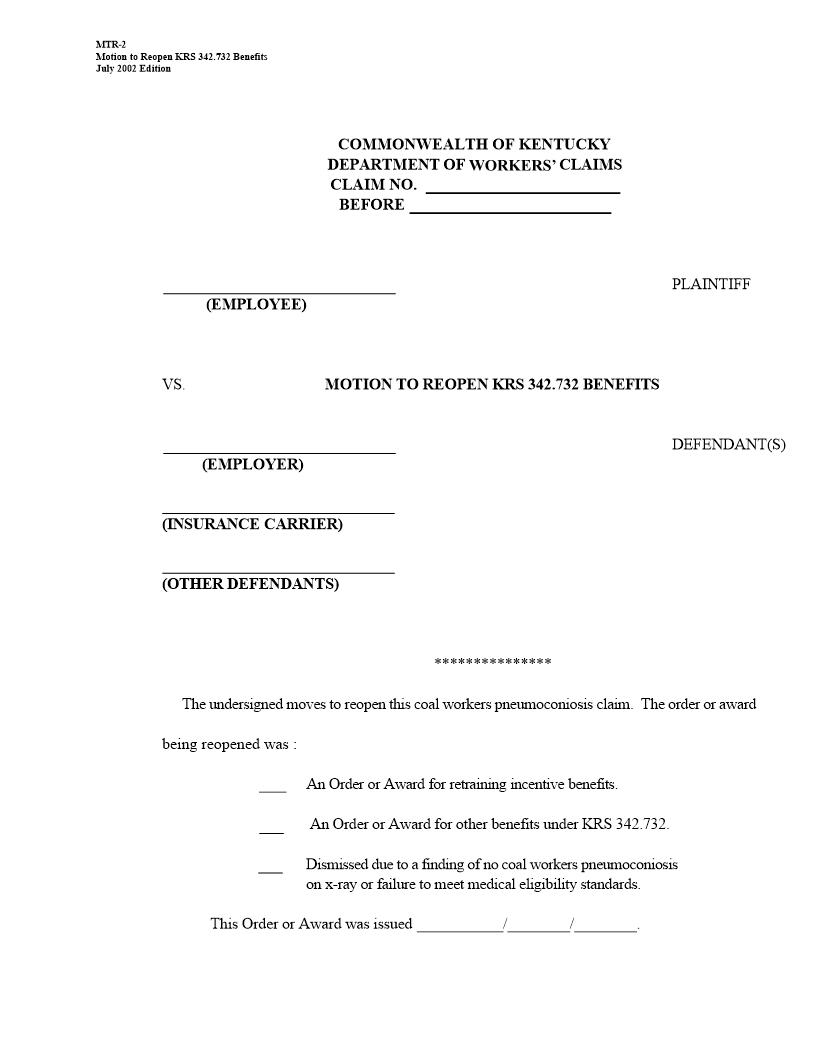Motion To Reopen KRS 342.732 Benefits {MTR-2} | Pdf Fpdf Doc Docx | Kentucky