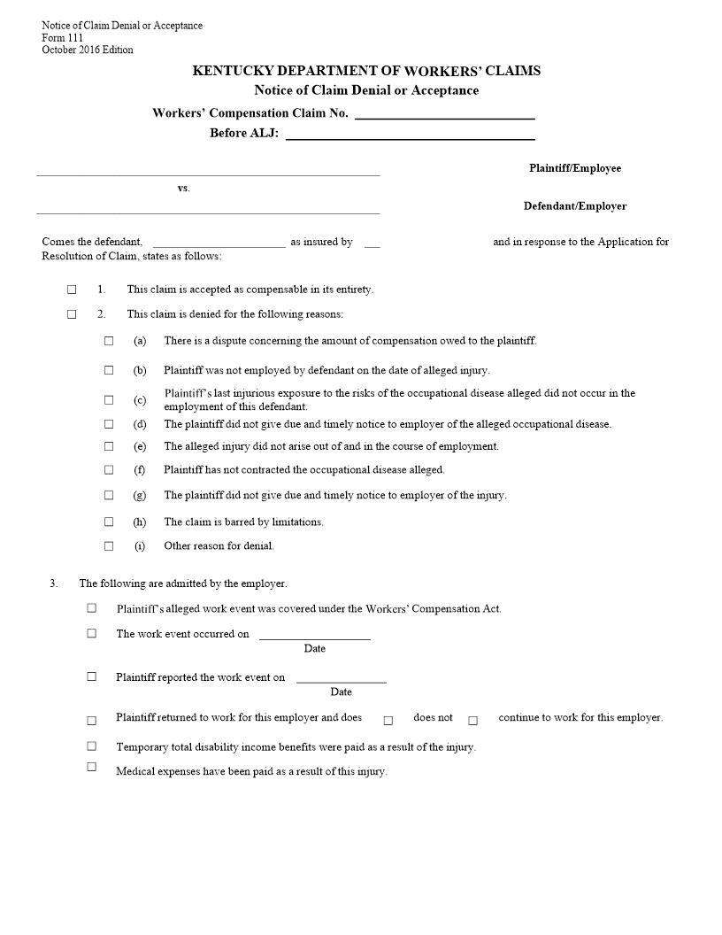 Notice Of Claim Denial Or Acceptance {111} | Pdf Fpdf Docx | Kentucky