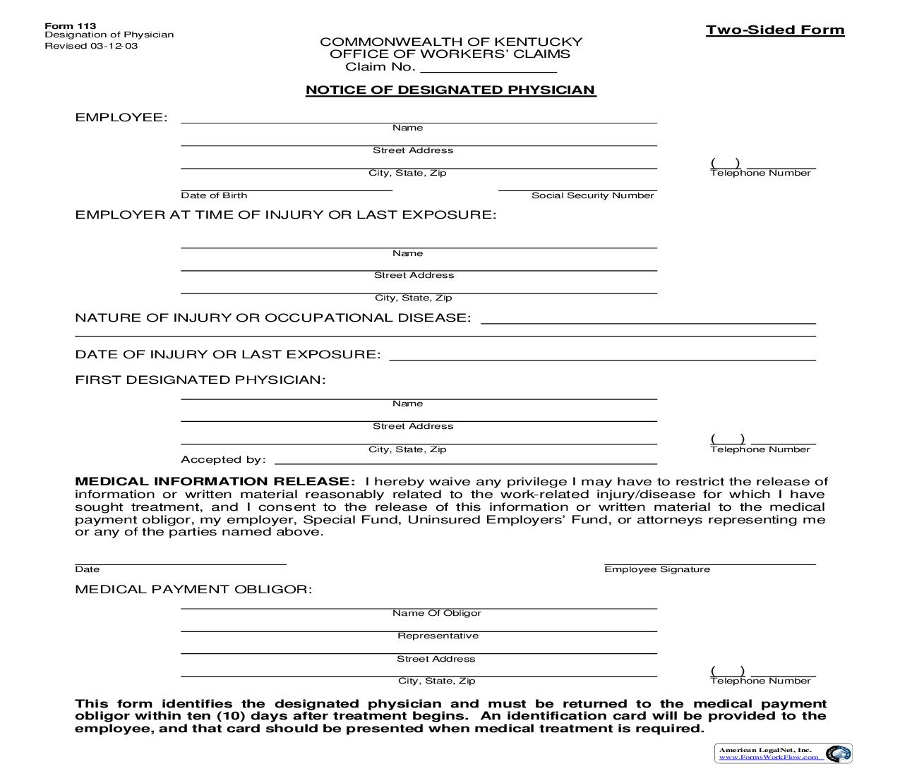 Notice Of Designated Physician {113} | Pdf Fpdf Doc Docx | Kentucky