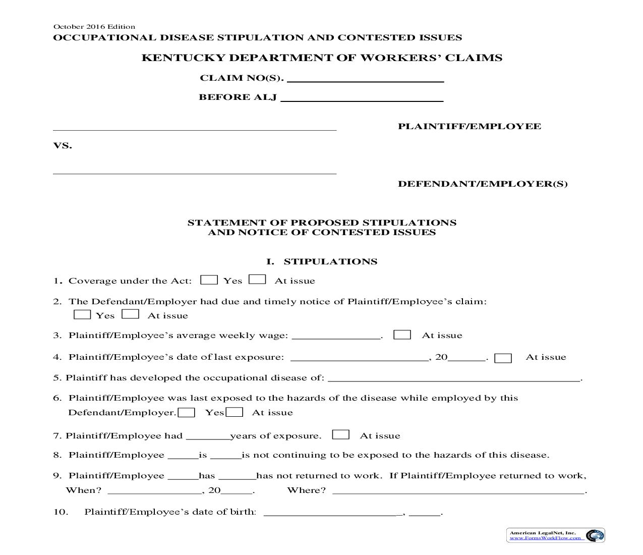 Occupational Disease Stipulation And Contested Issues {SOD} | Pdf Fpdf Doc Docx | Kentucky