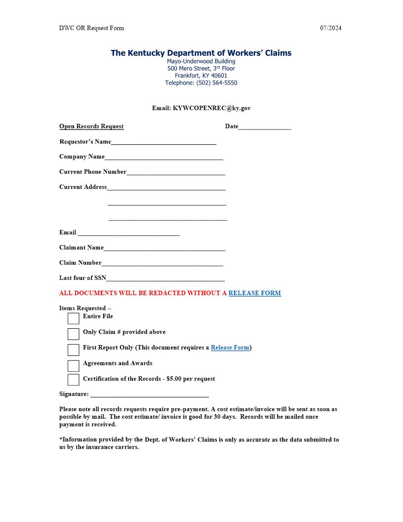 Open Records Request Form | Pdf Fpdf Docx | Kentucky