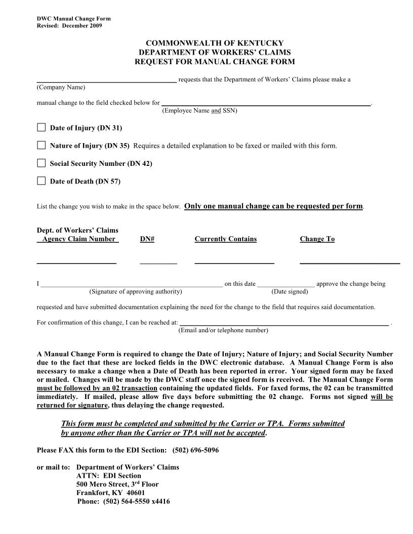 Request For Manual Change Form | Pdf Fpdf Doc Docx | Kentucky
