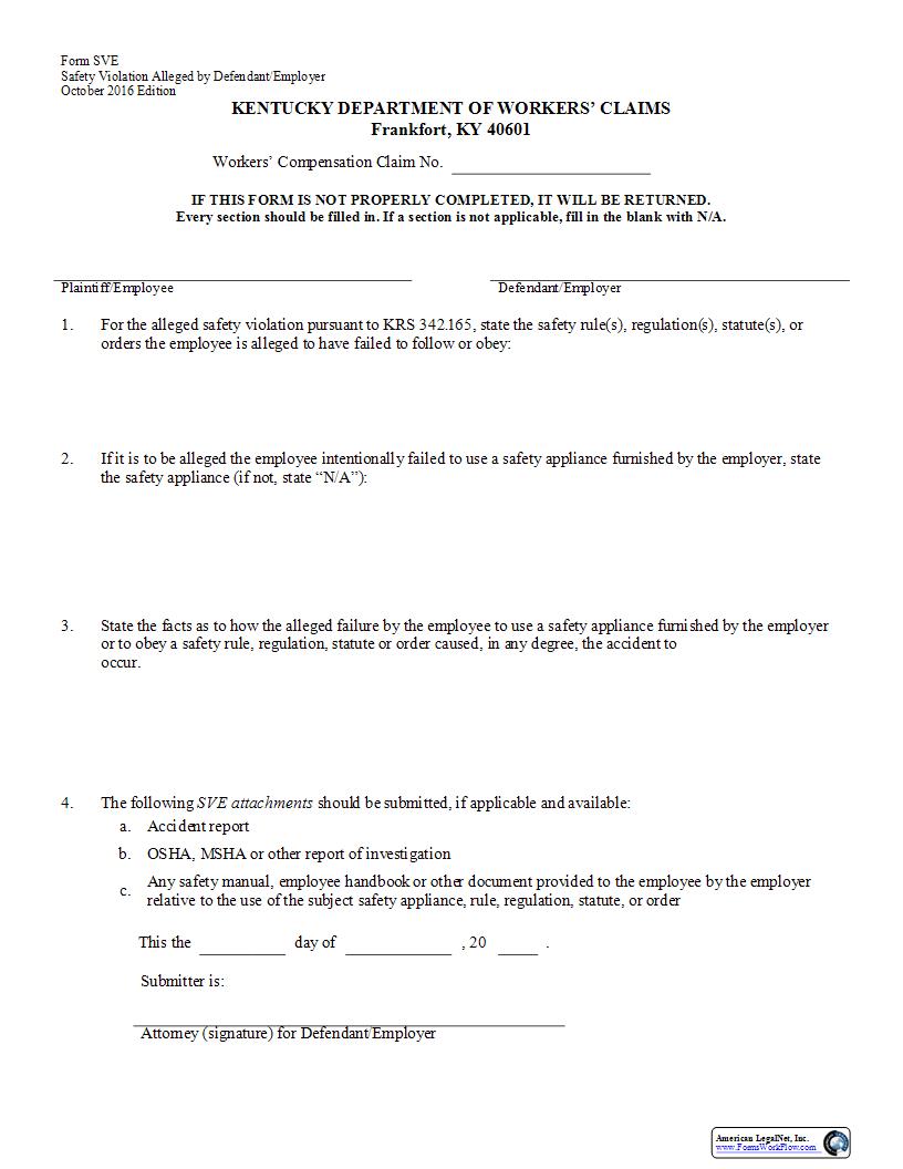 Safety Violation Alleged By Defendant And Or Employer {SVE} | Pdf Fpdf Docx | Kentucky