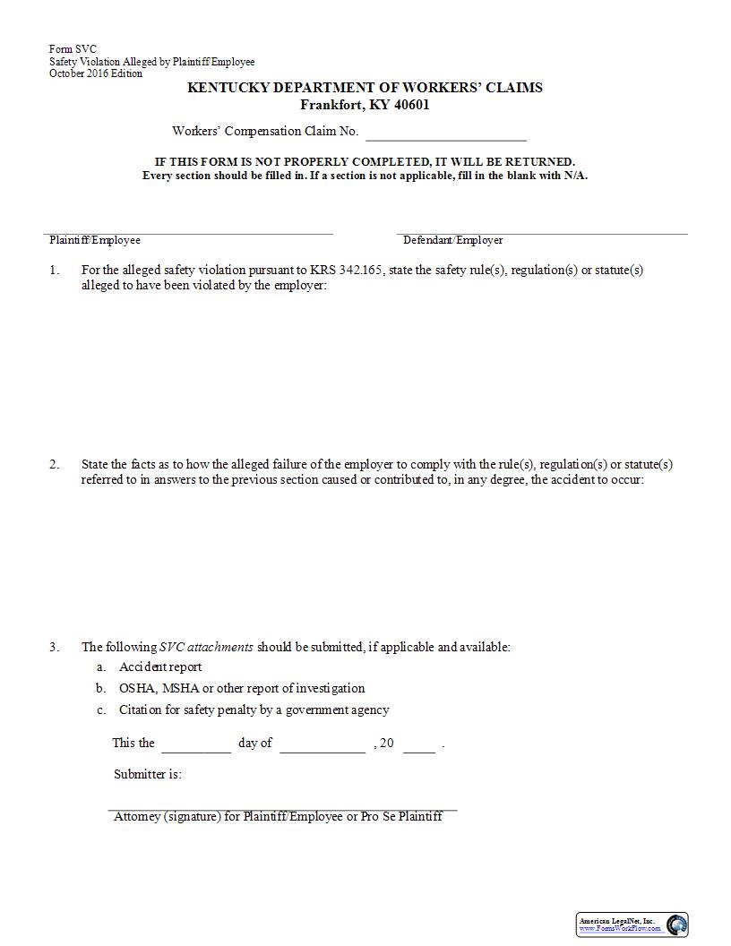 Safety Violation Alleged By Plaintiff And Or Employee {SVC} | Pdf Fpdf Docx | Kentucky