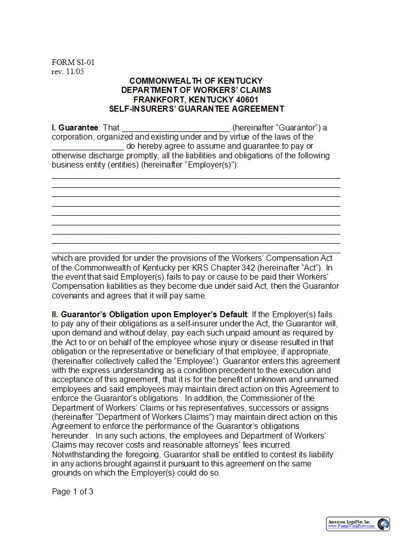 Self-Insurers Guarantee Agreement {SI-01} | Pdf Fpdf Docx | Kentucky