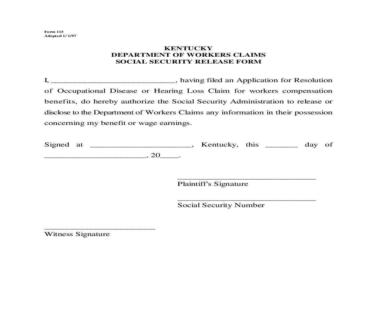 Social Security Release Form {115} | Pdf Fpdf Doc Docx | Kentucky