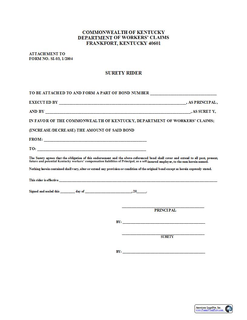 Surety Rider (Attachment To Form No. SI-03) | Pdf Fpdf Docx | Kentucky