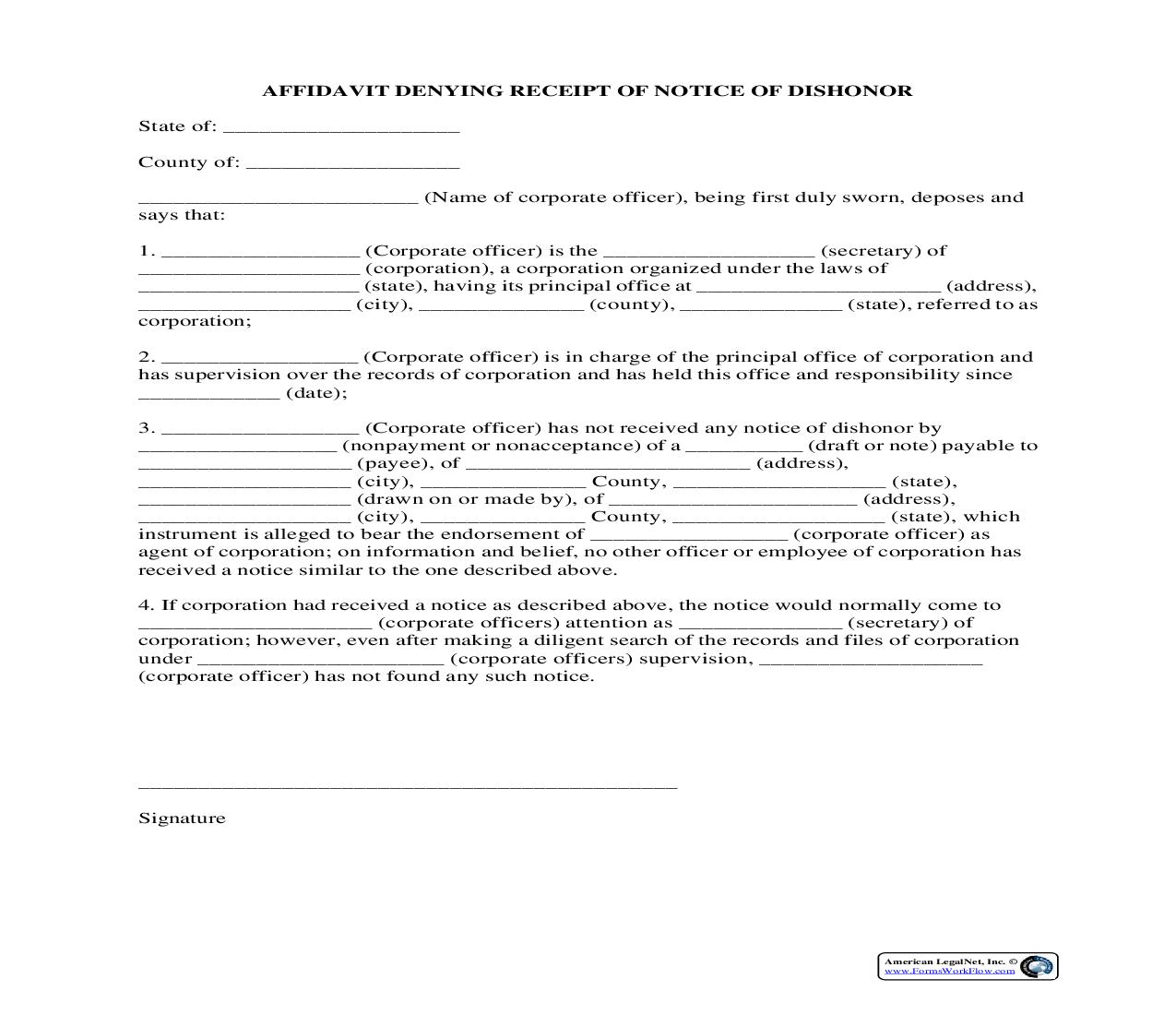 Affidavit Denying Receipt Of Notice Of Dishonor {AFF-207} | Pdf Fpdf Docx | Legal Forms