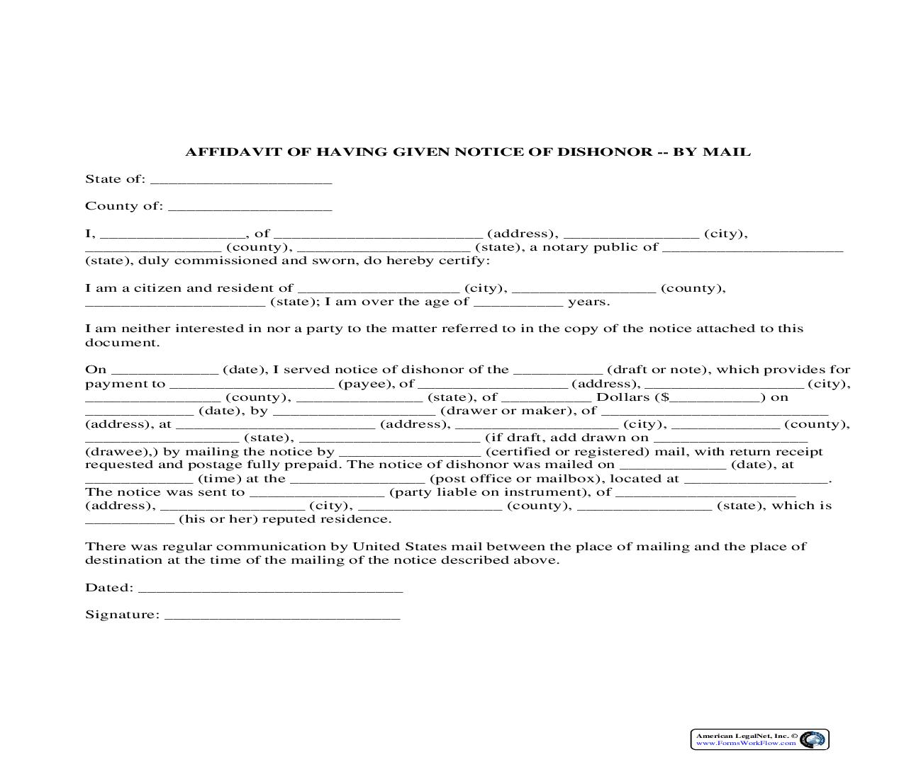 Affidavit Of Having Given Notice Of Dishonor By Mail {AFF-208} | Pdf Fpdf Docx | Legal Forms