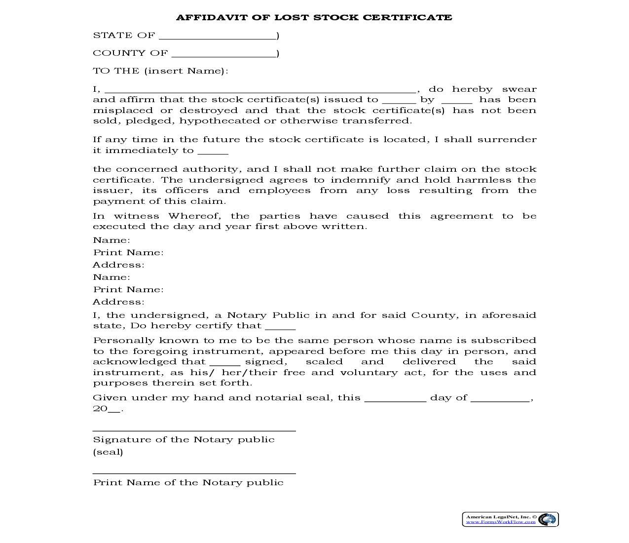 Affidavit Of Lost Stock Certificate {AFF-206} | Pdf Fpdf Docx | Legal Forms