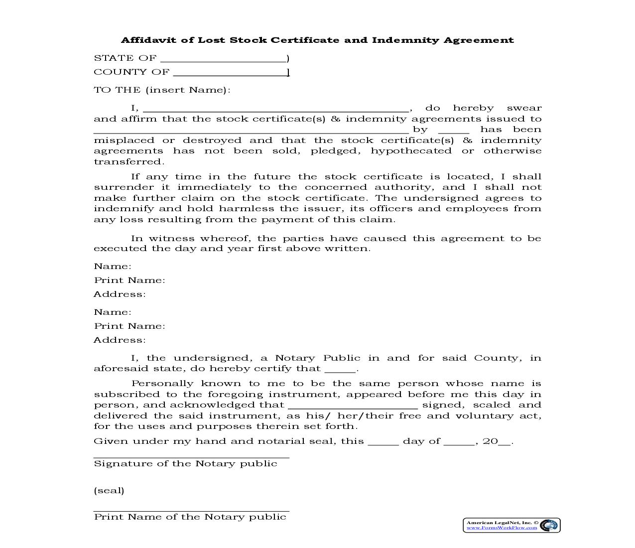 Affidavit Of Lost Stock Certificate And Indemnity Agreement {AFF-205} | Pdf Fpdf Docx | Legal Forms