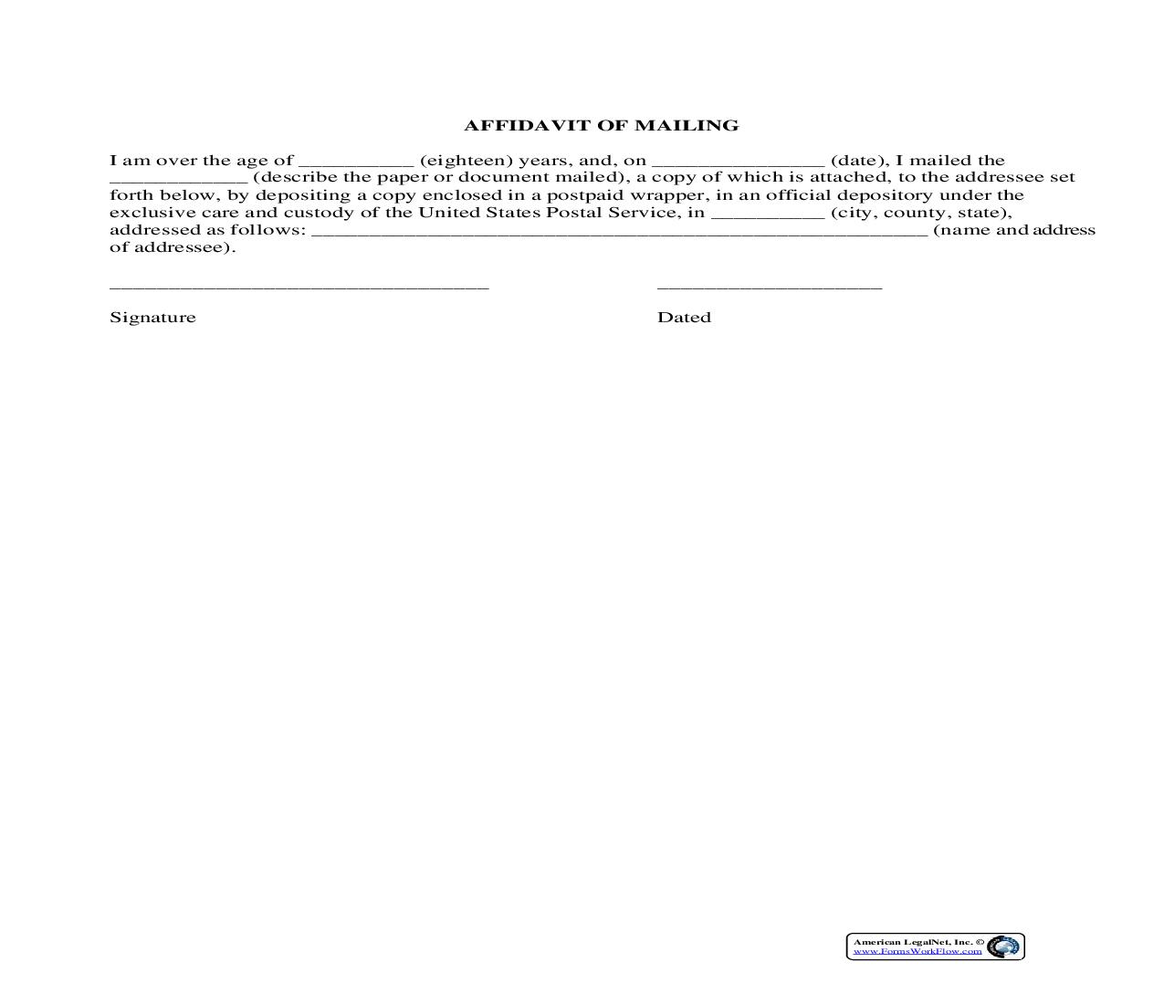 Affidavit Of Mailing {AFF-209} | Pdf Fpdf Docx | Legal Forms