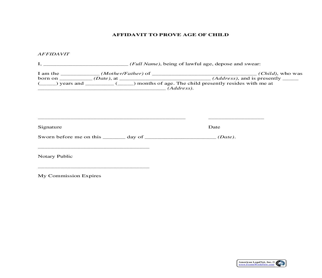 Affidavit To Prove Age Of Child {AFF-210} | Pdf Fpdf Docx | Legal Forms