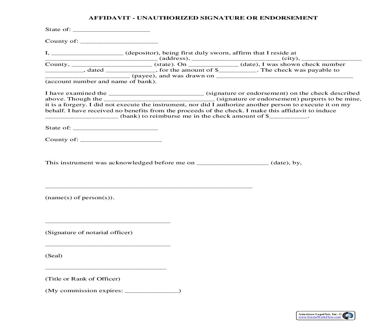 Unauthorized Signature Or Endorsement {AFF-212} | Pdf Fpdf Docx | Legal Forms
