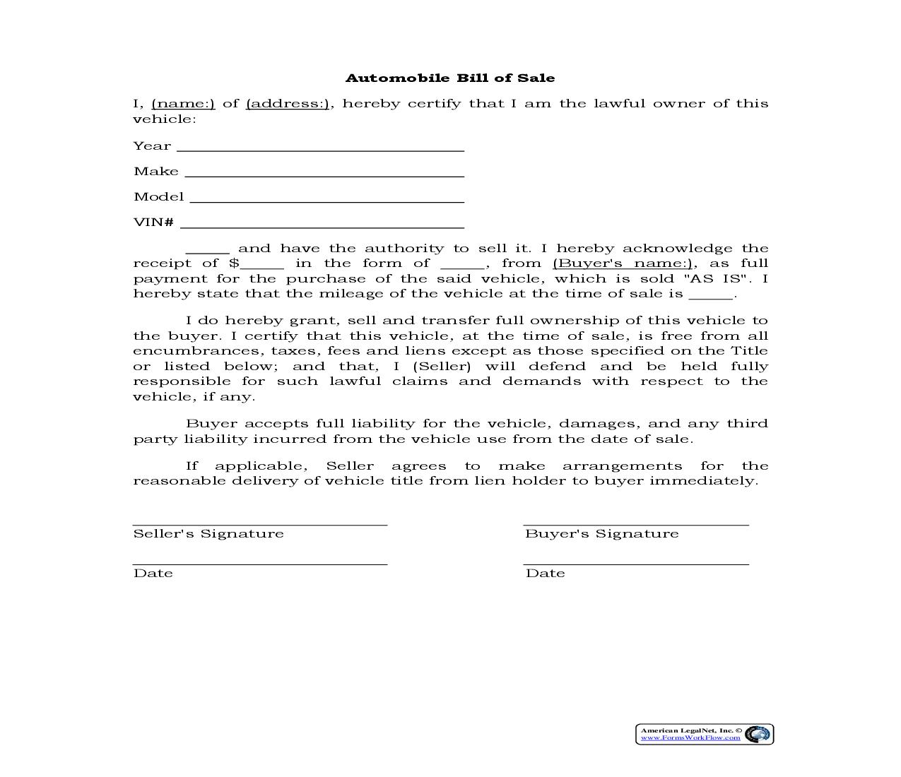Automobile Bill Of Sale {BOS-401} | Pdf Fpdf Docx | Legal Forms