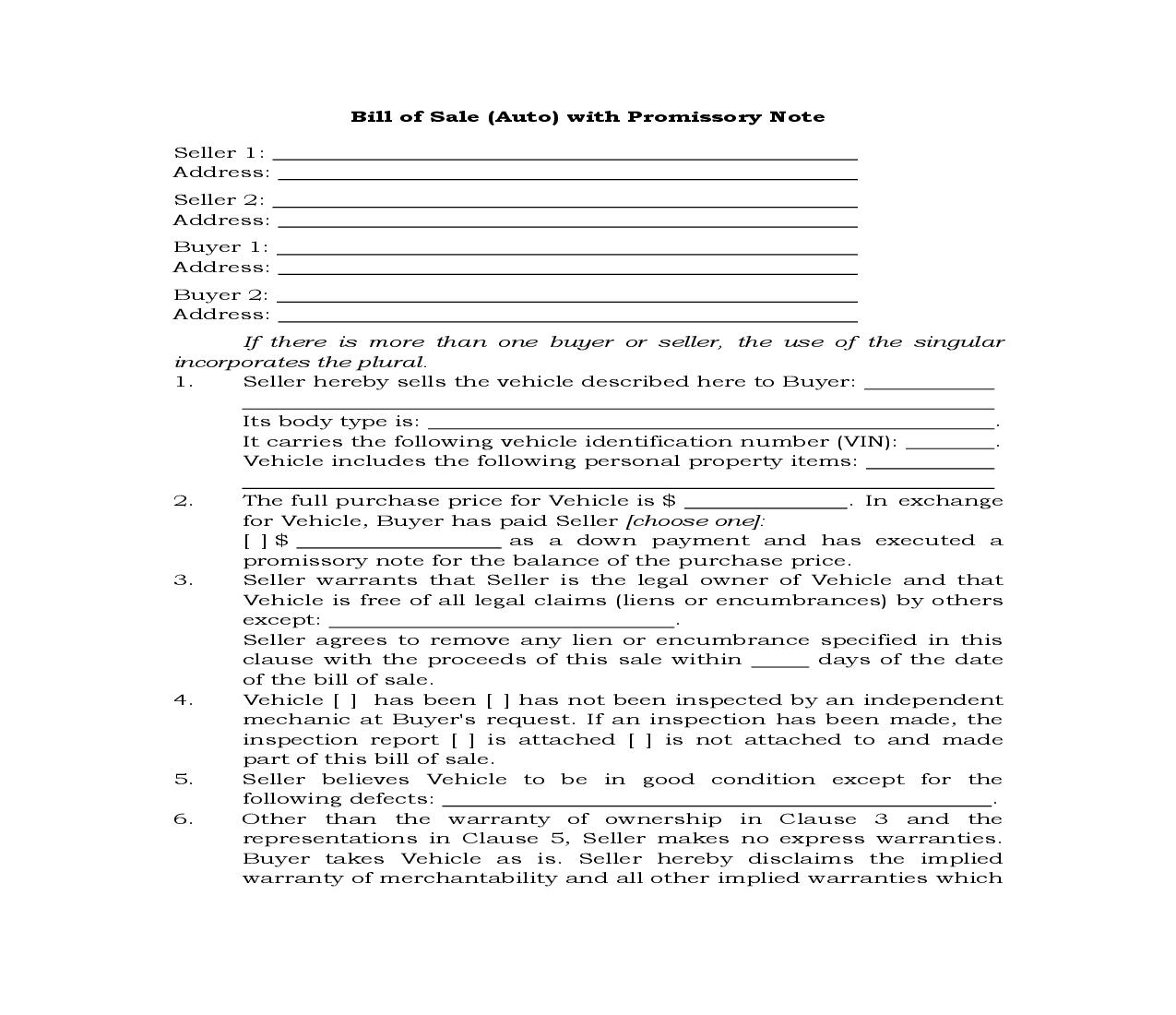 Bill Of Sale (Auto) With Promissory Note {BOS-402} | Pdf Fpdf Docx | Legal Forms