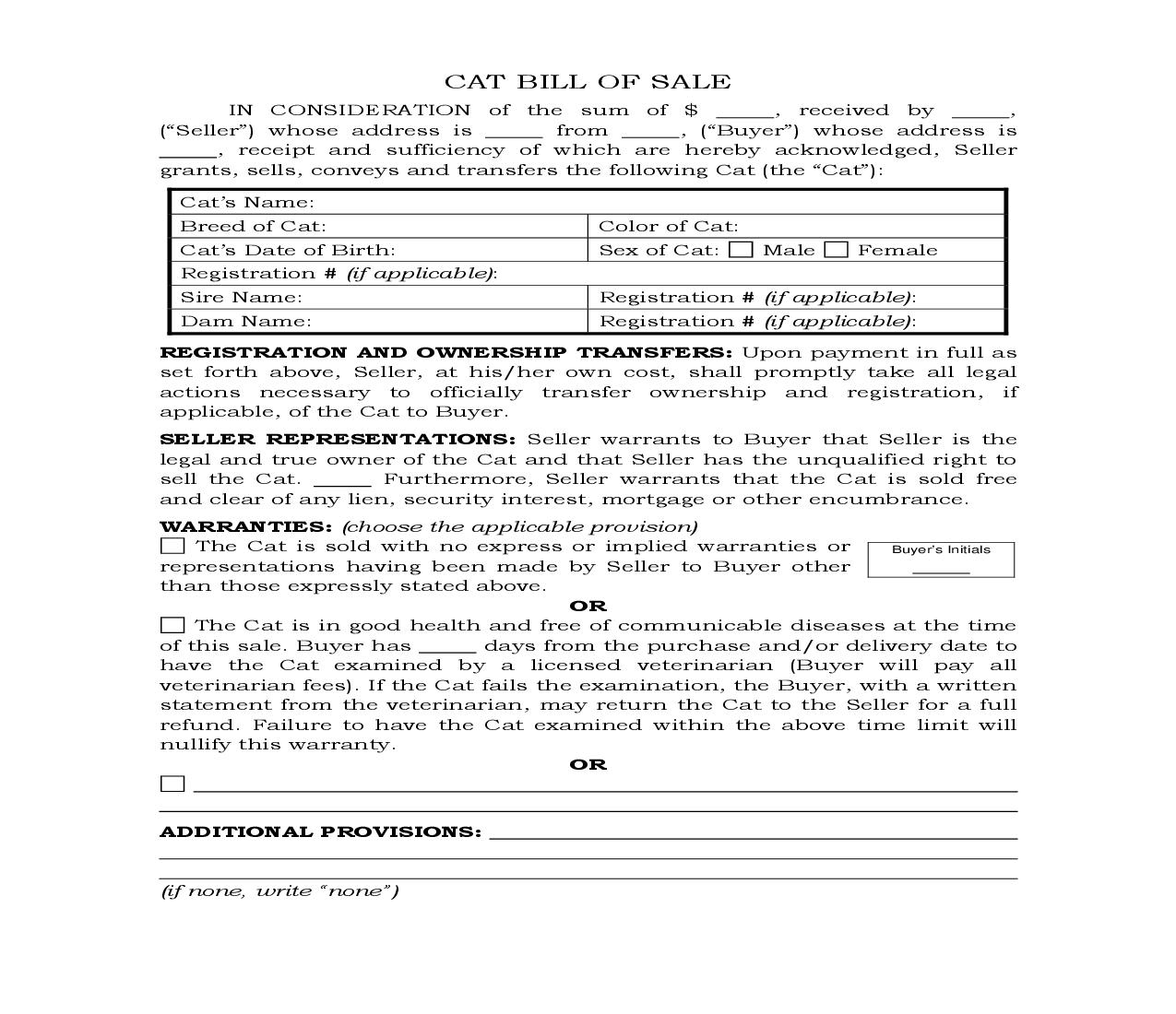 Cat Bill Of Sale {BOS-403} | Pdf Fpdf Docx | Legal Forms