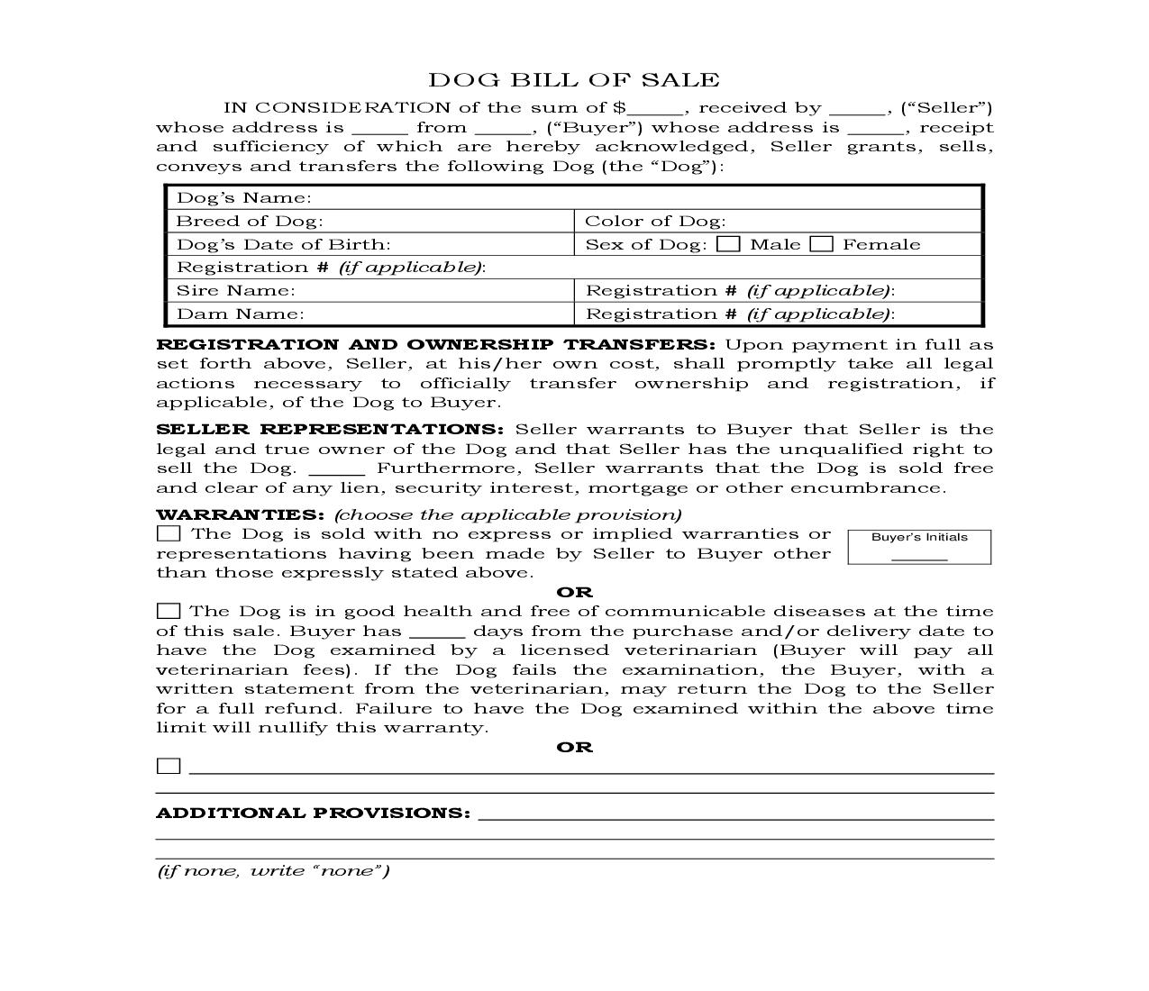 Dog Bill Of Sale {BOS-404} | Pdf Fpdf Docx | Legal Forms