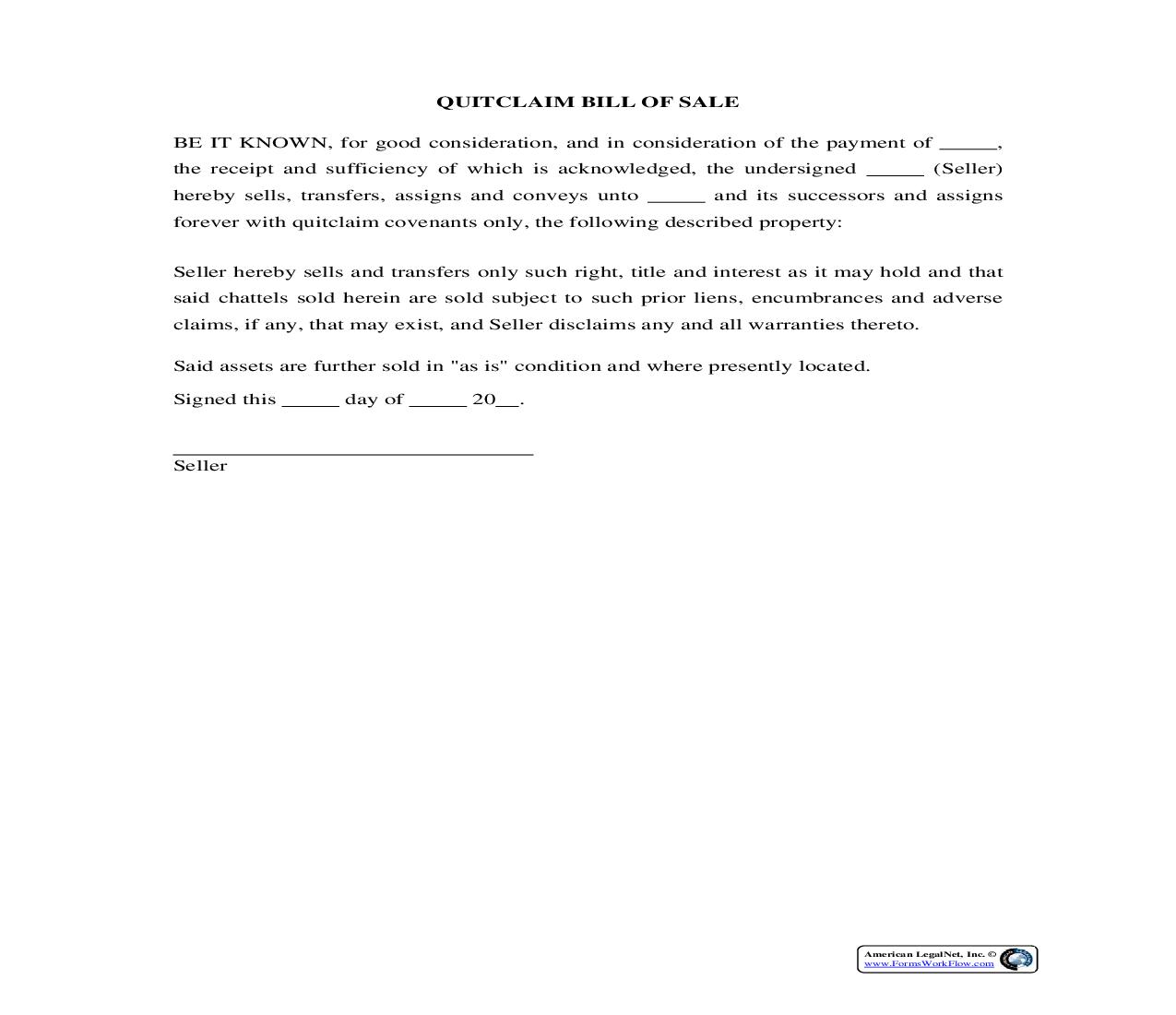 Quitclaim Bill Of Sale {BOS-406} | Pdf Fpdf Docx | Legal Forms