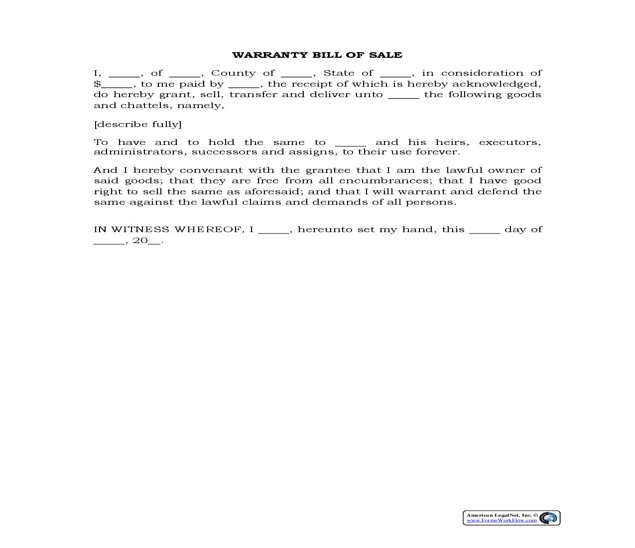 Warranty Bill Of Sale {BOS-407} | Pdf Fpdf Docx | Legal Forms