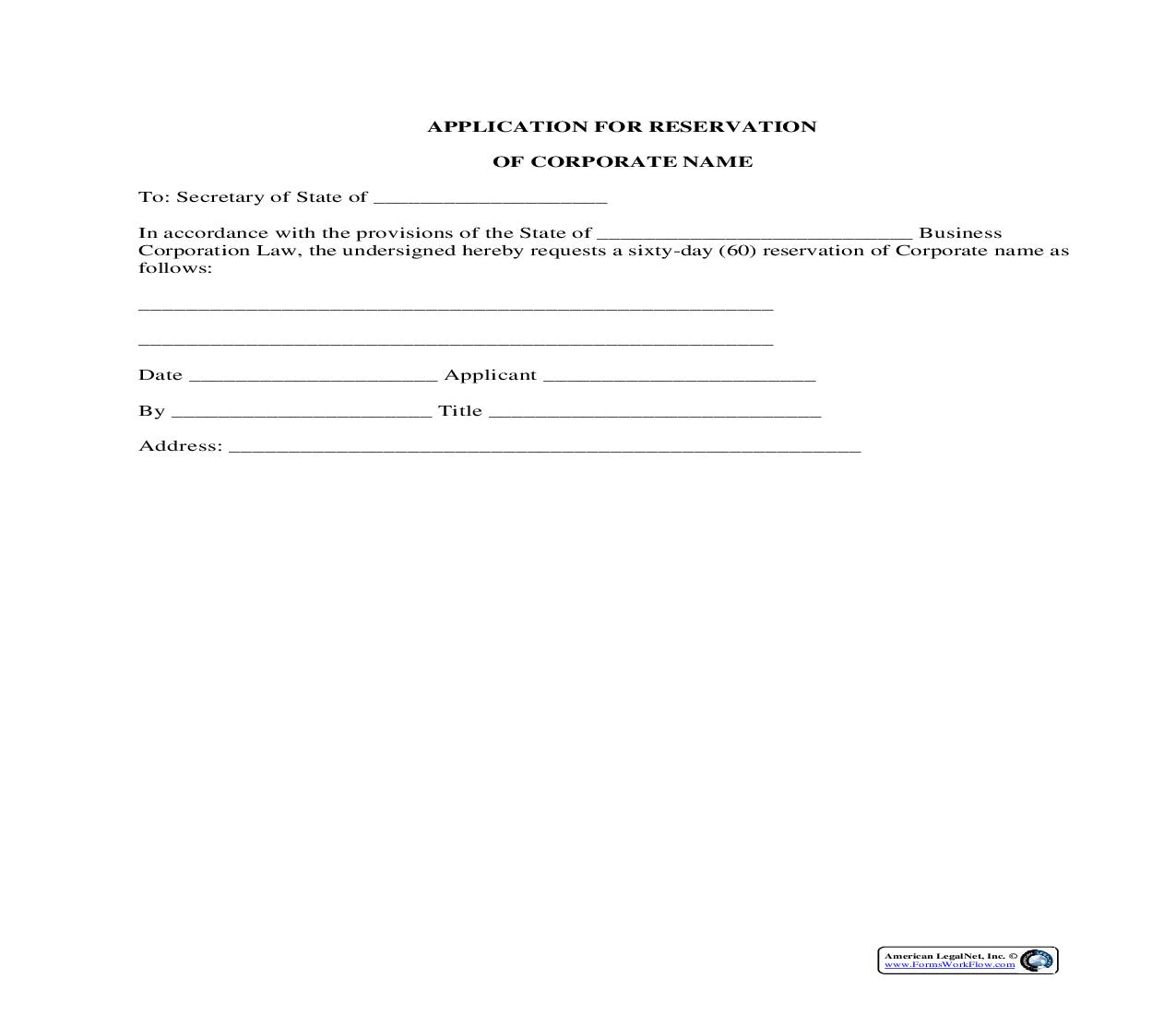 Application For Reservation Of Corporate Name | Pdf Fpdf Docx | Legal Forms