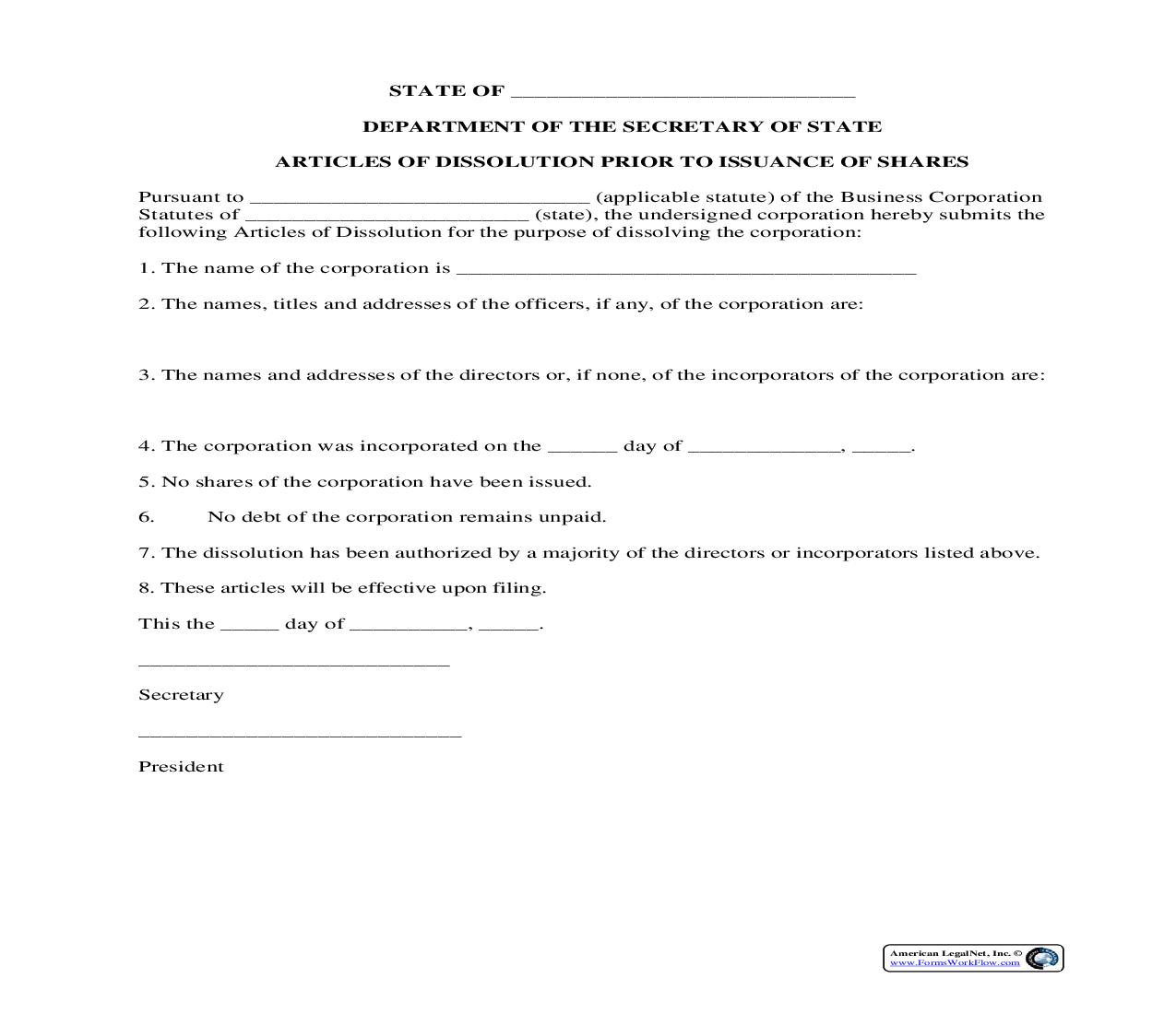 Articles Of Dissolution Prior To Issuance Of Shares | Pdf Fpdf Docx | Legal Forms
