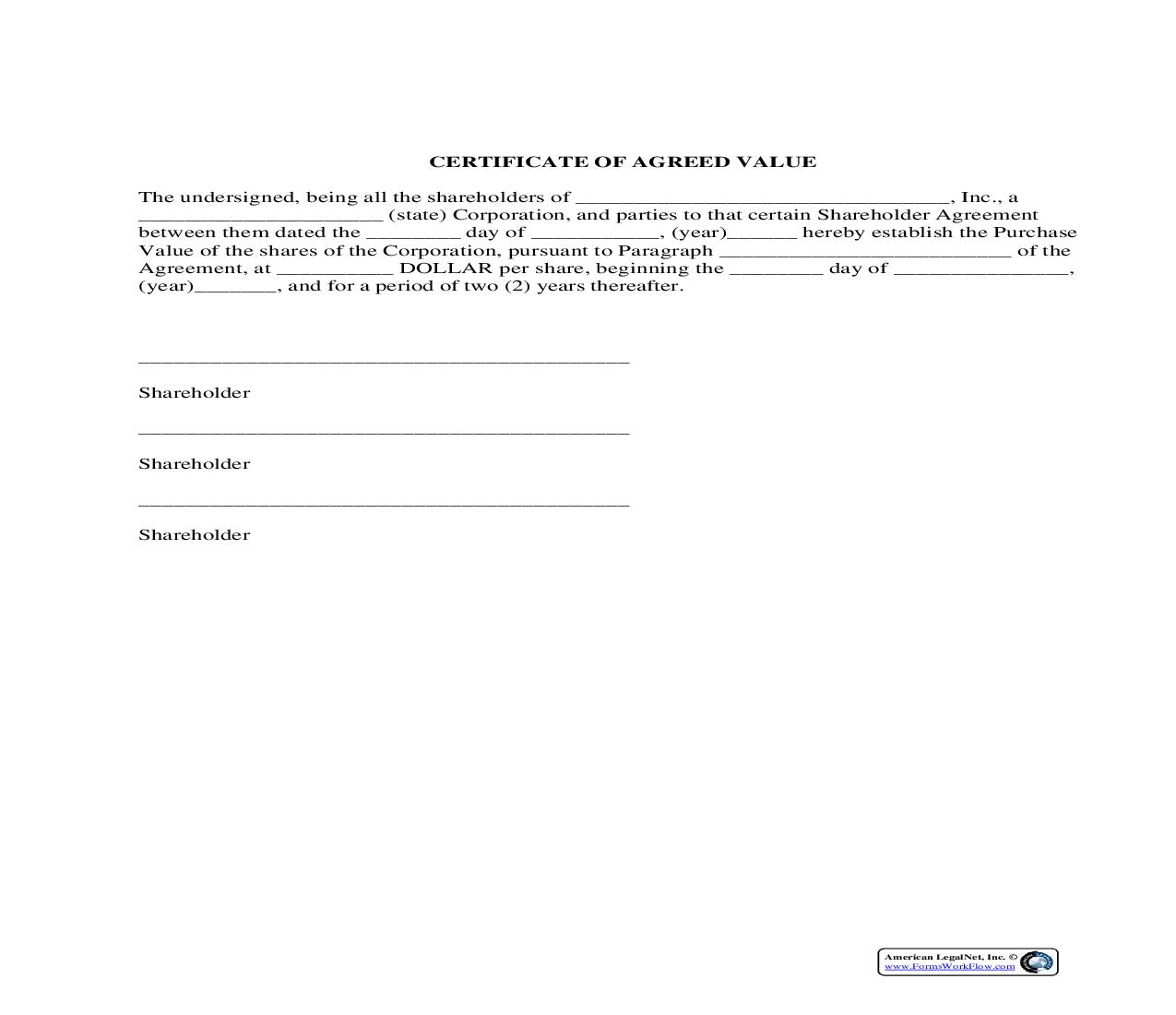 Certificate Of Agreed Value | Pdf Fpdf Docx | Legal Forms