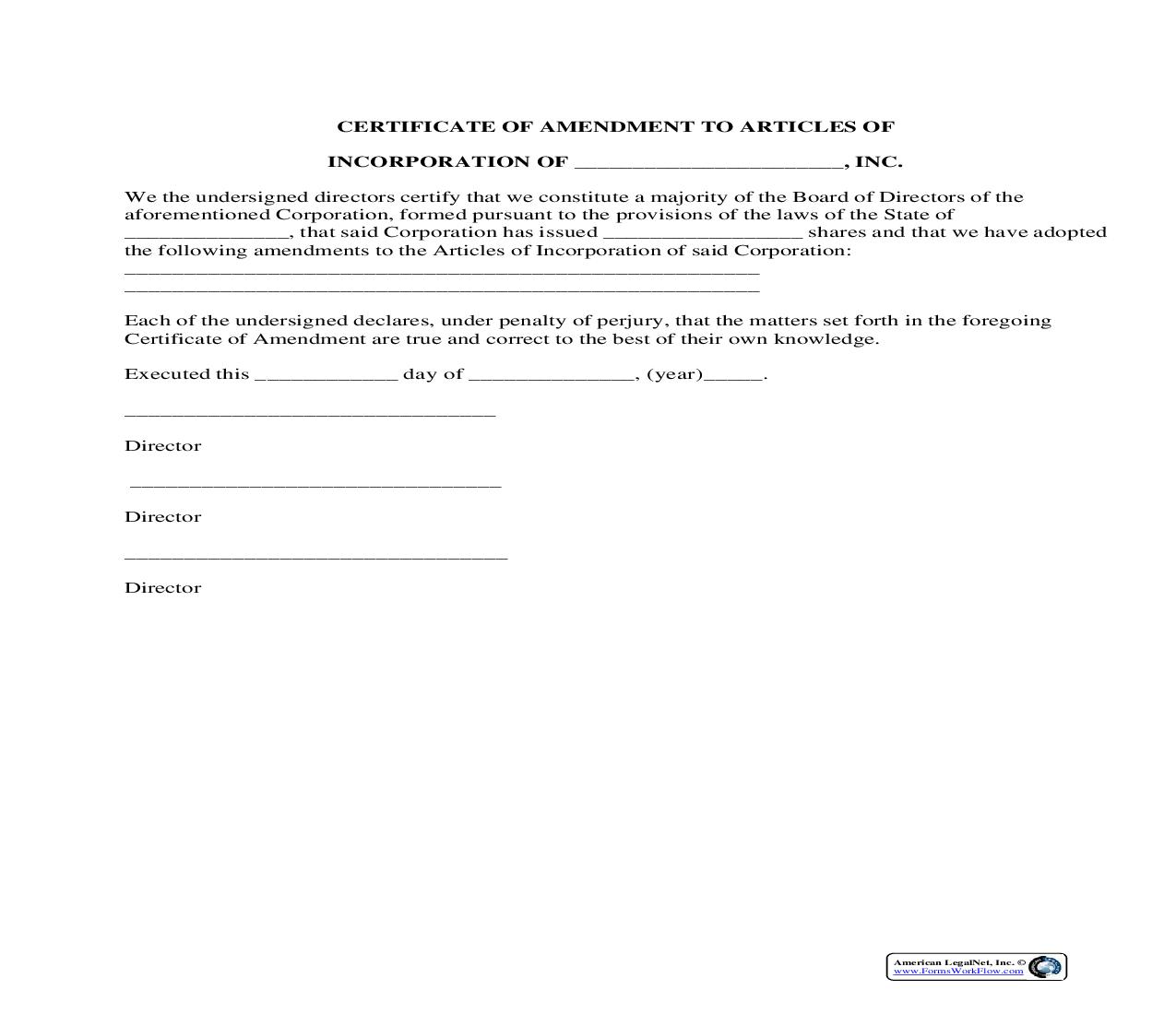 Certificate Of Amendment To Articles Of Incorporation | Pdf Fpdf Docx | Legal Forms