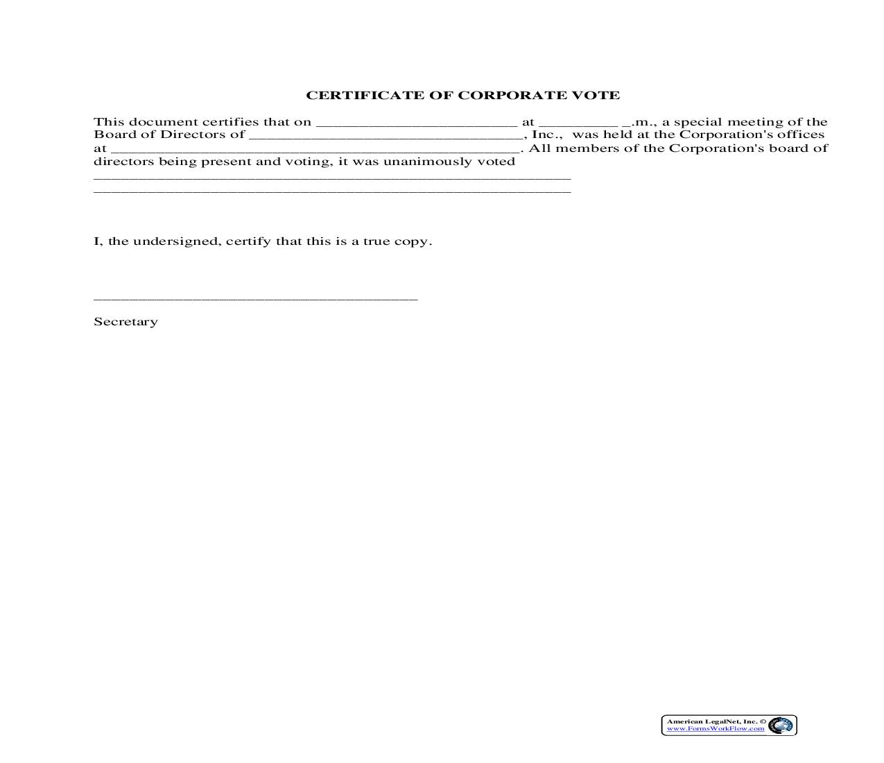 Certificate Of Corporate Vote | Pdf Fpdf Docx | Legal Forms